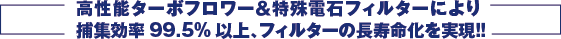 高性能ターボフロワー＆特殊電石フィルターにより捕集効率99.5%以上、フィルターの長寿命化を実現！